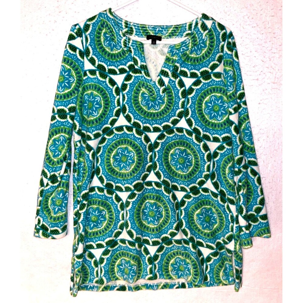 Talbots Blue Green Terry cloth Tunic Top Sz M Medallion Printed Beach Boho